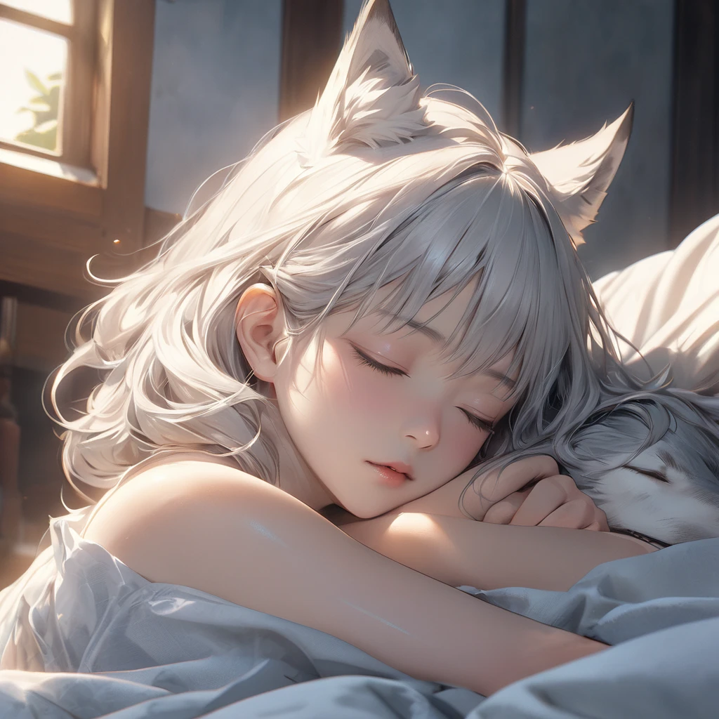 A silver-haired girl, half human and half wolf, sleeping peacefully on a soft bed, bathed in the warm sunlight, (detailed anatomical features, anime style:1.2), wolf-like ears, photo-realistic, (best quality,4k,8k,highres,masterpiece:1.2),ultra-detailed, stunning lighting, ethereal, serene, soft colors, glowing skin, anime, anime style