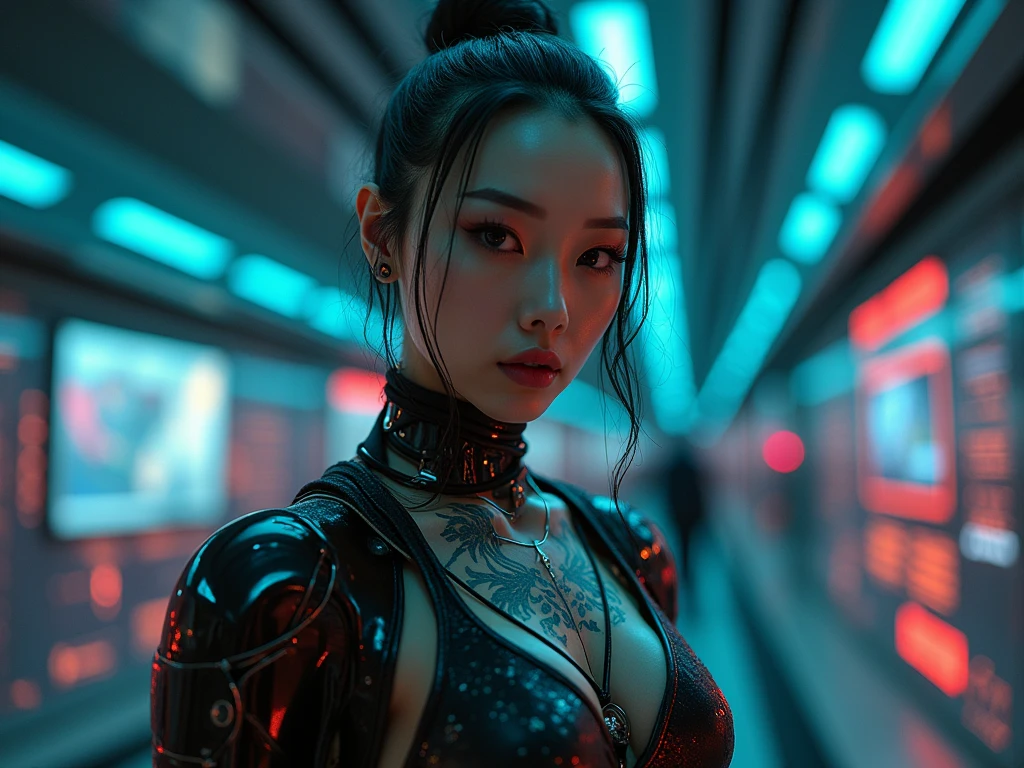 a portrait of a pretty young woman,gundamwingcockpit, futuristic, scifi, plugsuit, transparent latex, goth, dark lips, large breasts, solo, black hair, gloves, dutch angle, smirk, controls, joystick, holographic interface, technology, close up, glowing, neon