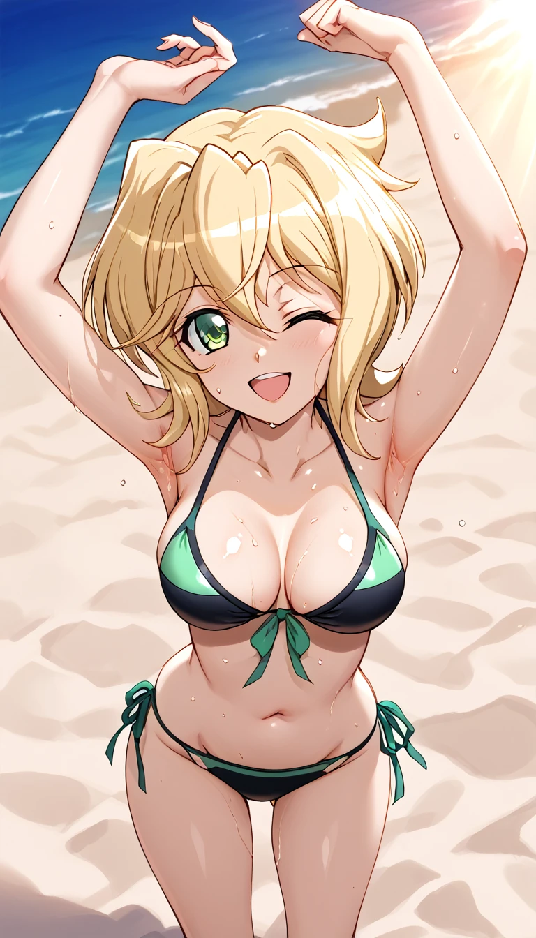 Best Quality,  soft light,  super high resolution, cute, beautiful face down to the smallest detail, High Resolution Details of Human Skin Texture, shiny skin,sweat,Heat,Akatsuki Song,Blonde,bikini,smile,Open your mouth,whole body,Wink,beach,sunlight, one girl playing pranks,Normal size breasts,Short Hair,,Symphogear,From diagonally ahead,Stretching pose