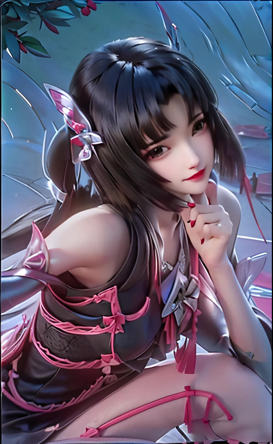 Cute girl with black hair and pink wings posing for a picture, extremely detailed, realistic,detailed 