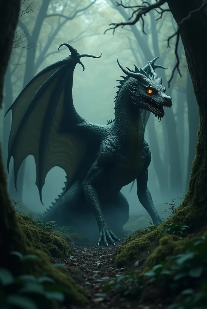 detailed, realistic, dimly glowing eyes, hidden threat, a dragon in the woods, gloom