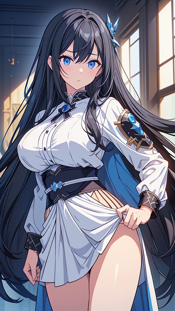 ((2D beautiful girl、4k、8k、top-quality、Perfect Finger 1.1、Perfect Anatomy 1.1、Dress perfectly、Beautiful illustration))、Blur the background、a beautiful slender girl、(transform sequence)、((stright long hair))、Soio、Soio、12 year old girl、japanes、Lori、Chiquita、a junior high school student、A dark-haired、((White and blue Japanese style maid leotard))、(highleg)、Tiara on the head、A smile、 Facing the front、Royal Palace Rooms、Standing on one knee、