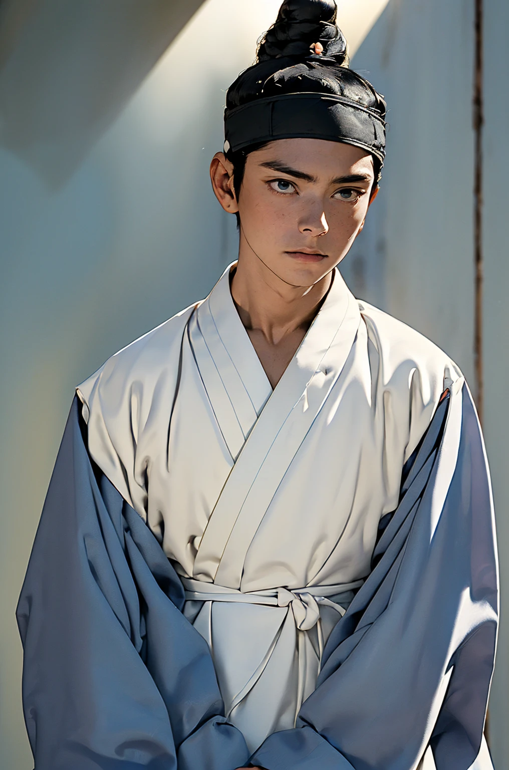 (absurdres, highres, masterpiece, best quality, ultra-realistic,ultra-detailed,(beautiful detailed face and eyes and hair:1.1),handsome,35-years old man,muscular,black hair,black eyes,datailed face,topknot,see-through headband,white hanbok,little sad,upper body, blue background