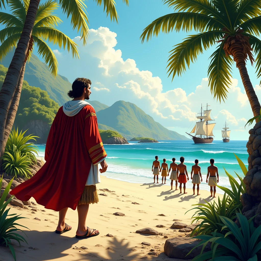 Recreate the painting scene, The girl and the Santa Maria arriving in America, do it as if an indigenous child with indigenous clothes, I was watching from the beach when the boats came in, There is a lot of jungle around and it is raining and there is a storm in the sea with big waves and in the distance you can see the ships from which the Spaniards are descending., On the beach, make a shadow of a square cross that represents the Catholic religion and in front of the child on the same beach, Make the silhouette of an indigenous person kneeling in great emotional pain being enslaved by a Spaniard.