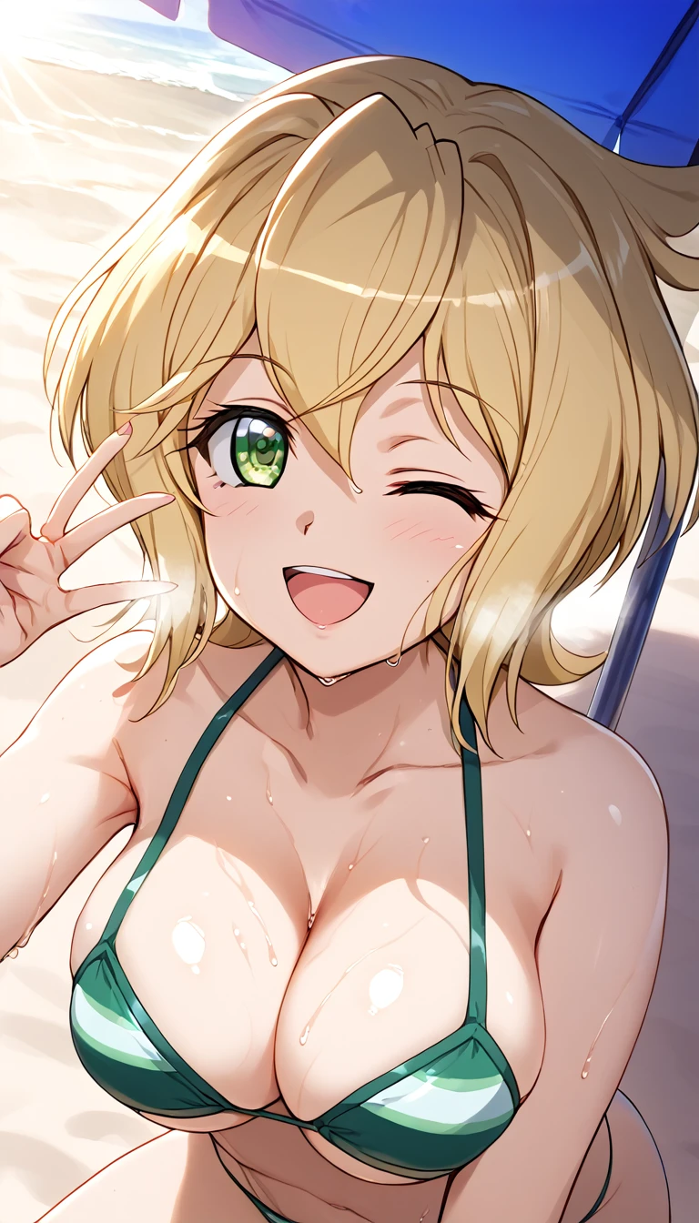 Best Quality,  soft light,  super high resolution, cute, beautiful face down to the smallest detail, High Resolution Details of Human Skin Texture, shiny skin,sweat,Heat,Akatsuki Song,Blonde,bikini,smile,Open your mouth,whole body,Wink,beach,sunlight, one girl playing pranks,Normal size breasts,Short Hair,,Symphogear,From diagonally ahead, Sexy Poses