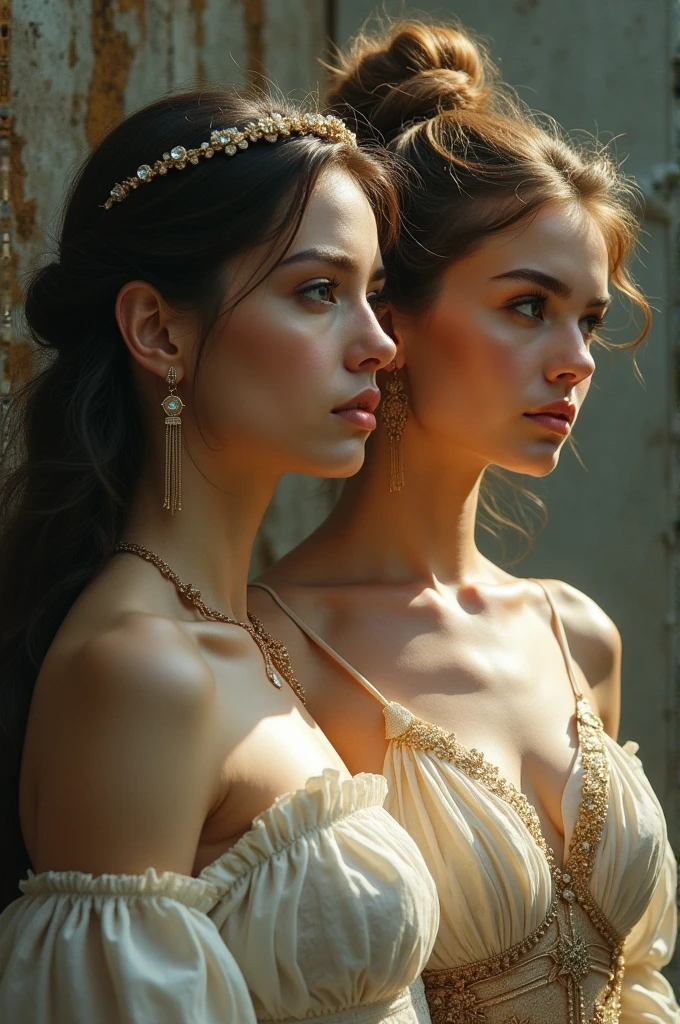 とても美しい二人の??神のwhole body画像, Brown-haired Artemis from Greek mythology, Freyja the Blonde in Norse Mythology, whole body, Looking at the camera