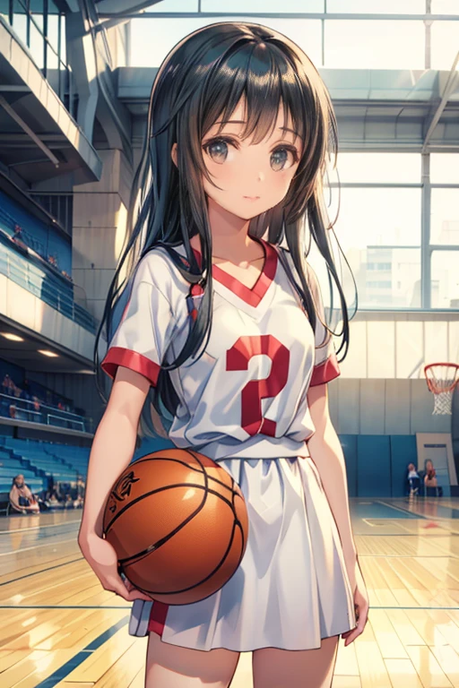 Yui (sao), 1girl, standing, basketball uniform, at a basketball court, smile,  Accurate, Masterpiece, Solo, Anatomically Correct, 