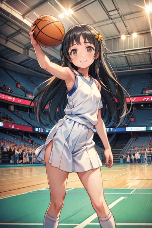 Yui (sao), 1girl, standing, basketball uniform, at a basketball court, smile,  Accurate, Masterpiece, Solo, Anatomically Correct, 