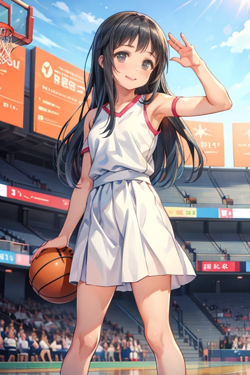 Yui (sao), 1girl, standing, basketball uniform, at a basketball court, smile,  Accurate, Masterpiece, Solo, Anatomically Correct, 