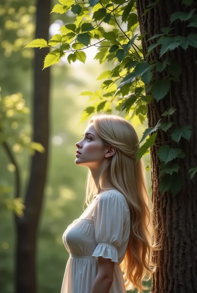 masterpiece、Best Quality、 beautiful woman looking up in a forest surrounded by trees 、The gentle sunlight shining through the trees accentuates the beauty of the forest、 calm and peaceful atmosphere 、The sound of birds singing 、 real、 Realistic、