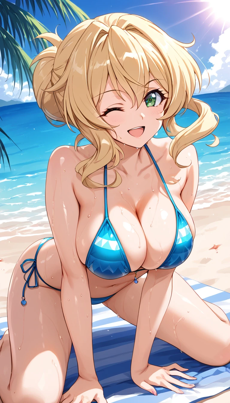 Best Quality,  soft light,  super high resolution, cute, beautiful face down to the smallest detail, High Resolution Details of Human Skin Texture, shiny skin,sweat,Heat,Akatsuki Song,Blonde,bikini,smile,Open your mouth,whole body,Wink,beach,sunlight, one girl playing pranks,Normal size breasts,Short Hair,,Symphogear,From diagonally ahead, Sexy Poses