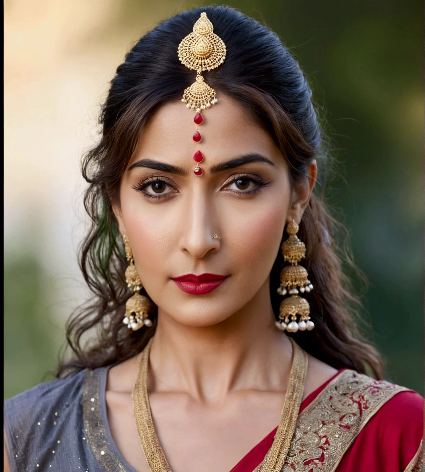 photo of the face of a beautiful woman, (M0un1R0y:.99), ((indian style:1.6)), skin blemishes (8k, RAW photo, best quality, masterpiece:1. 2), (realistic, photo-realistic:1. 37) ultra-detailed, beautiful detailed eyes, beautiful detailed lips, a captivating gaze, and an alluring expression. beautiful dynamic dramatic dark moody lighting, shadows, cinematic atmosphere, photograph, focal length, ((waist long, messy, wild, hair)), vivid colours, high contrast, (((dress with high neckline:1.2)))