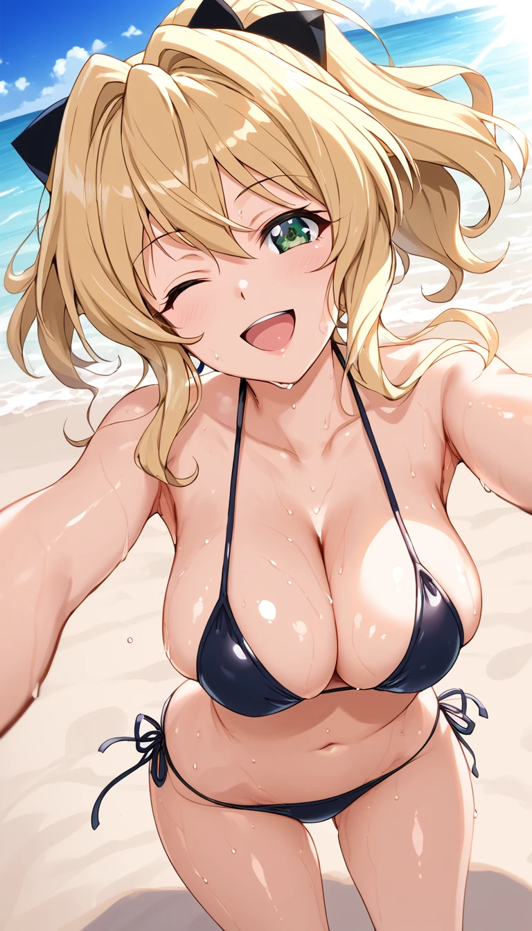 Best Quality,  soft light,  super high resolution, cute, beautiful face down to the smallest detail, High Resolution Details of Human Skin Texture, shiny skin,sweat,Heat,Akatsuki Song,Blonde,bikini,smile,Open your mouth,whole body,Wink,beach,sunlight, one girl playing pranks,Normal size breasts,Short Hair,,Symphogear,From diagonally ahead, Sexy Poses