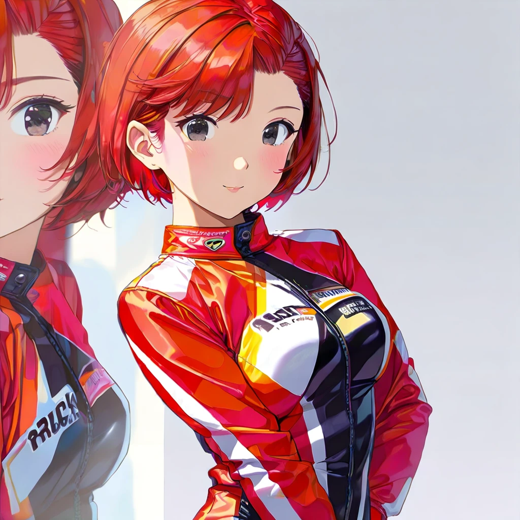 masterpiece, Best Quality, High resolution,16k,super detailed skin,detailed,animated painting, Takarada Rikka ,1990s \(style\),1 girl,Race Queen,(((berry short cut:2.0))),(red hair,swept-back:1.7),cropped hair,hair slicked leftback,(race queen costume:1.5),skull necklace,big black eyes,pointed eyes,long eyelashes,Muscular、Navel exposed,clevage,(F cup beautiful breasts)、25years old, (tall:1.2),height: 175cm,Sexy long legs,Fashion model body type,solo,big laugh,happy、Shy、Shyness,Cool look,blush,Anime-style painting style,A composition that shows the upper body,front view,looking at viewer,cinematic lighting,(simple white background:1.5)、(sexy:1.5) ,(closeup:1.2),dynamic angle