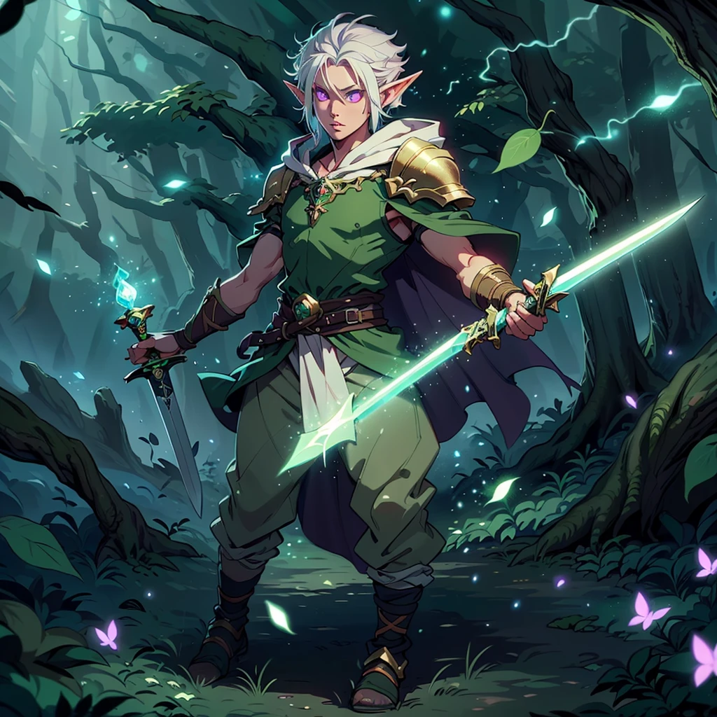 Boy, male, forest gnome, young, short stature, skinny, small, short white hair, elf ears, purple glowing eyes, green leaf armor, purple cloak with hood, black harem pants, sword, fantasy, fighting pose, full body, surounded by magic trails electricity, 
Fireflies, dark forest, wispy light streaks in the air, glowing sword