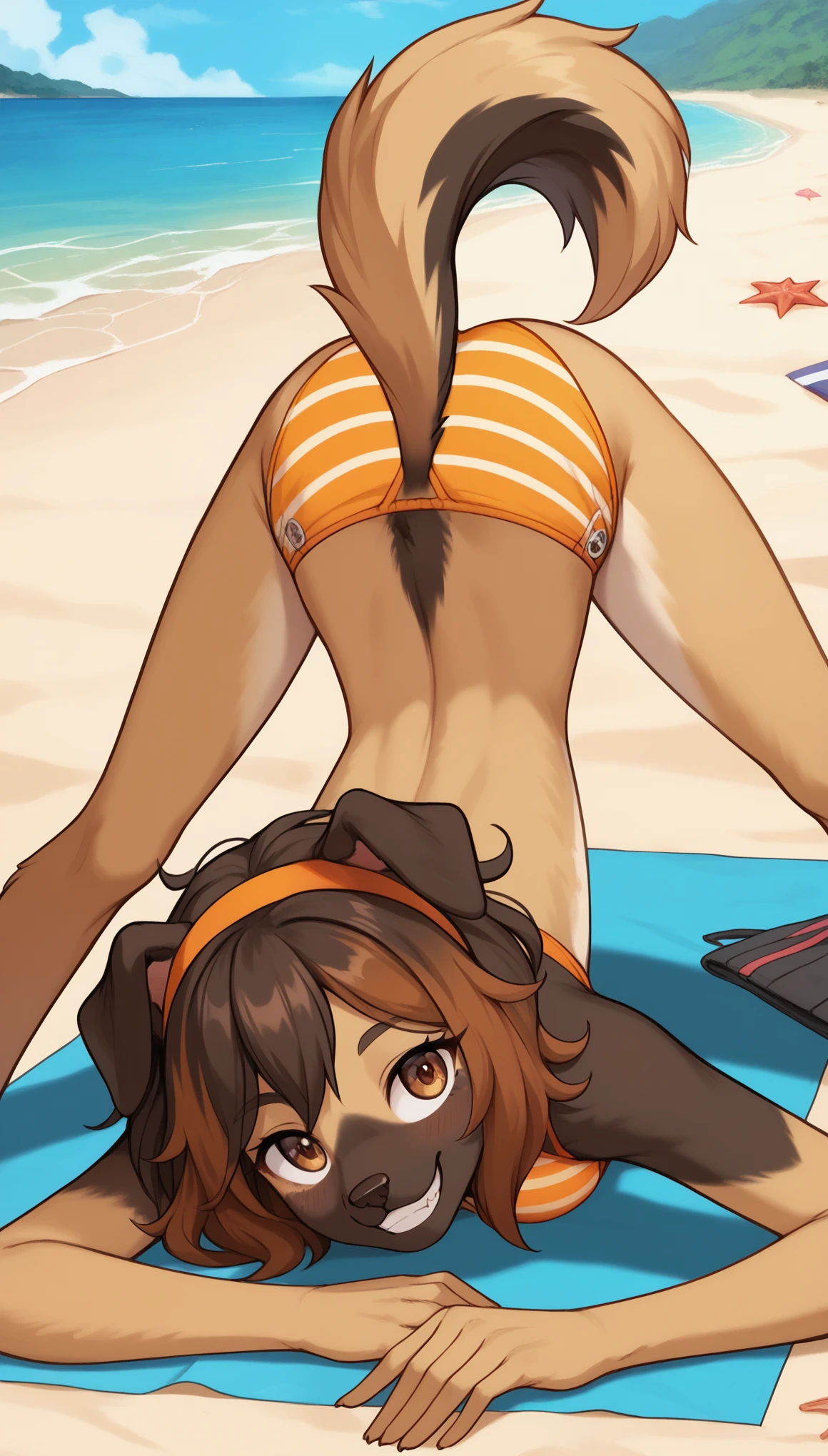 masterpiece, best quality, cute expression, 1boy, anthro, furry, fur, fluffy fur, dog girl, furry, dog ears, german shepherd, animal nose, cute eyes, brown eyes, dog tail, black hair (brown highlights), medium hair, messy hair, solo, (beach), detailed, orange bikini (striped bikini), orange hair headband, cute grin, head tilt, teenager (18 years), medium breast, thick thighs, slim body, (Jizoku), JackOPose, jack-o' challenge, legs spread, head down, bending forward, top-down bottom-up, score_9, score_8_up, score_7_up, score_6_up, score_5_up, score_4_up