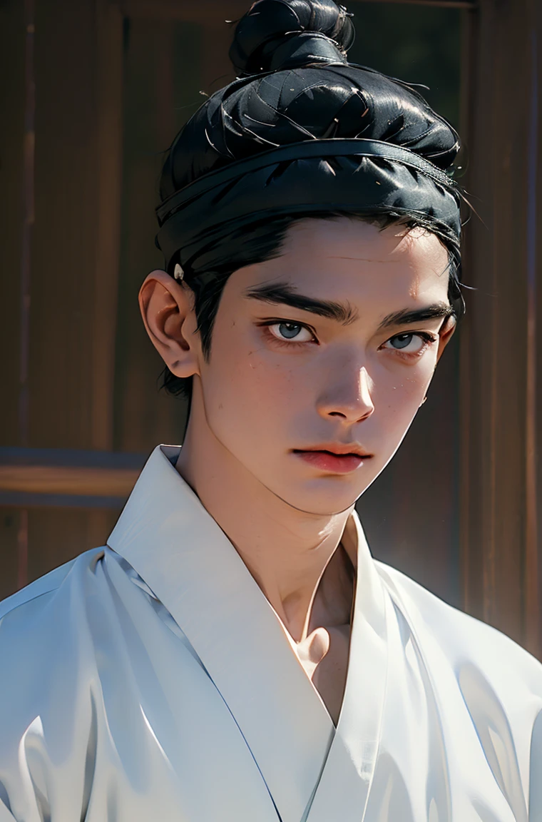 (absurdres, highres, masterpiece, best quality, ultra-realistic,ultra-detailed,(beautiful detailed face and eyes and hair:1.1),handsome,35-years old asian man,muscular,black hair,black eyes,datailed face,topknot,see-through headband,white hanbok,little sad,upper body, day of sea