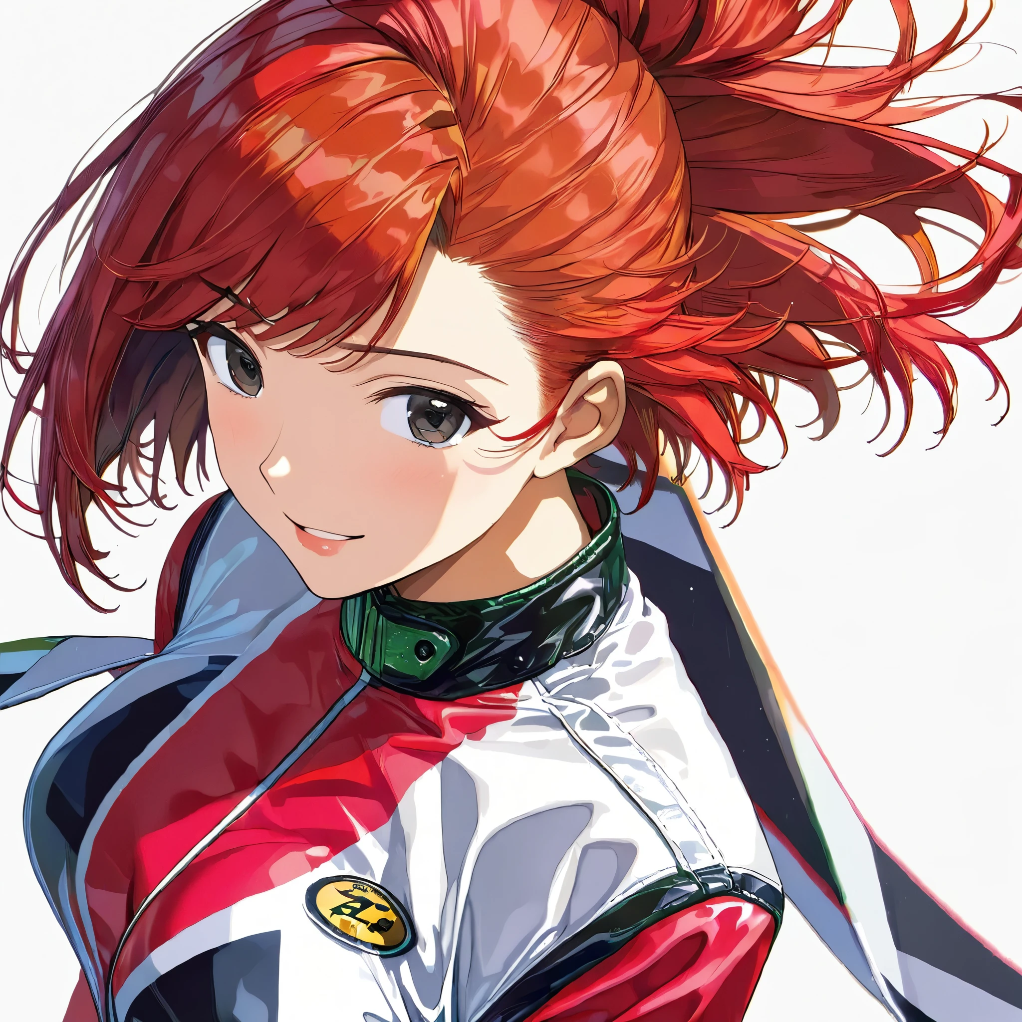 masterpiece, Best Quality, High resolution,16k,super detailed skin,detailed,animated painting, Takarada Rikka ,1990s \(style\),1 girl,Race Queen,(((berry short cut:2.0))),(red hair,swept-back:1.7),cropped hair,hair slicked leftback,(race queen costume:1.5),skull necklace,big black eyes,pointed eyes,long eyelashes,Muscular、Navel exposed,clevage,(F cup beautiful breasts)、25years old, (tall:1.2),height: 175cm,Sexy long legs,Fashion model body type,solo,big laugh,happy、Shy、Shyness,Cool look,blush,Anime-style painting style,A composition that shows the upper body,front view,looking at viewer,cinematic lighting,(simple white background:1.5)、(sexy:1.5) ,(closeup:1.2),dynamic angle