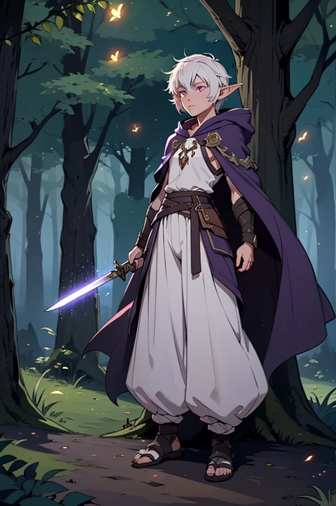 Boy, forest gnome, young, short stature, skinny, small, short white hair, elf ears, purple glowing eyes, leaf armor, dark purple cloak with hood, white harem pants, sword, fantasy, fighting pose, full body, surounded by magic trails electricity, 
Fireflies, dark forest, wispy light streaks in the air, glowing sword