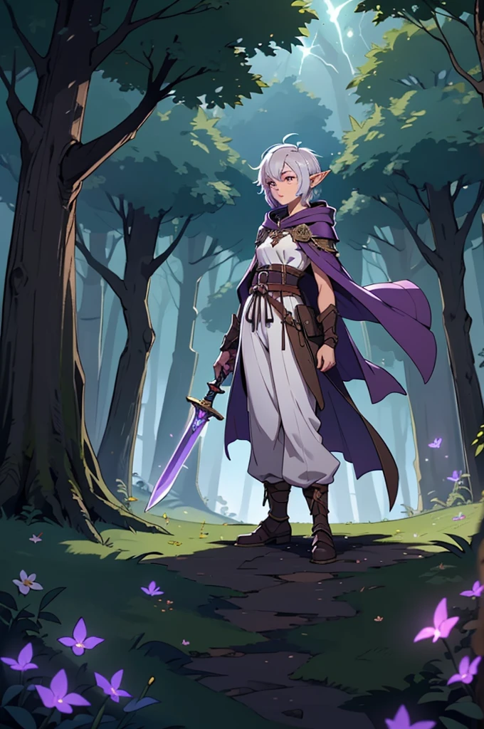 Boy, forest gnome, young, short stature, skinny, small, short white hair, elf ears, purple glowing eyes, leaf armor, dark purple cloak with hood, white harem pants, sword, fantasy, fighting pose, full body, surounded by magic trails electricity, 
Fireflies, dark forest, wispy light streaks in the air, glowing sword