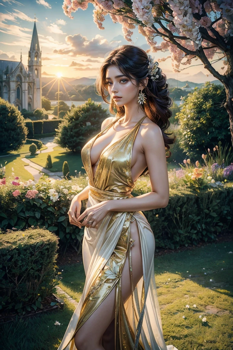 (masterpiece, best quality:1.5), highest quality, High resolution, super detailed, Realists, Upper body photo of a 22-year-old red-haired woman, detailed and beautiful eyes, beautiful detailed lips, very detailed eyes and face, longeyelashes, A 22-year-old woman in a long evening gown made of shimmering satin, Beautiful and colorful makeup, elegant and noble々Pose,shiny satin headband,, City as background, bright daylight, bright colors, fine brushstrokes, Portrait style, beautiful color palette, glowing skin, First-class rendering, that captures every detail, enchanting atmosphere, (perfect anatomy:1.2), (The stunning woman is wearing a long evening gown. She smiles flirtatiously., She stands and shows off her figure, (magnificent panorama view:1.2)
