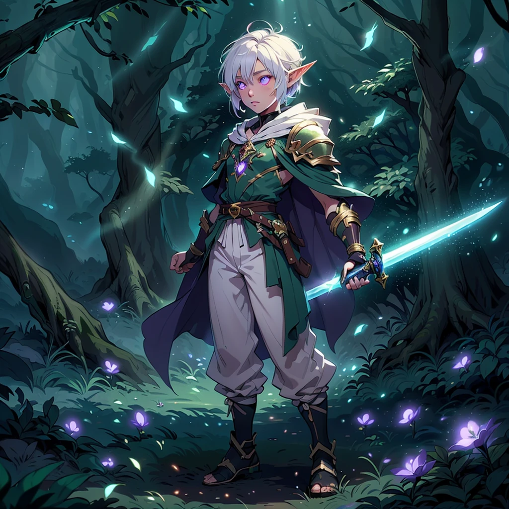 Boy, forest gnome, young, short stature, skinny, small, short white hair, elf ears, purple glowing eyes, organic armor, dark purple cloak with hood, white harem pants, sword, fantasy, fighting pose, full body, surounded by magic trails electricity, 
Fireflies, dark forest, wispy light streaks in the air, glowing sword