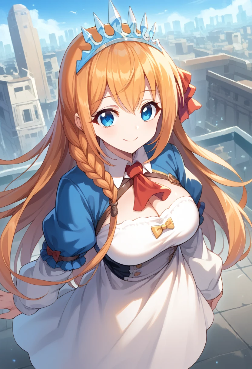 anime style, high view, pecorine, mature female, blue eyes, big chest, white sweater long Sleeve, hair ornament, long hair, orange hair, tiara, braid, hair braid, standing, smile, hand back body, city, future city theme, Volumetric light, Volumetric particles,