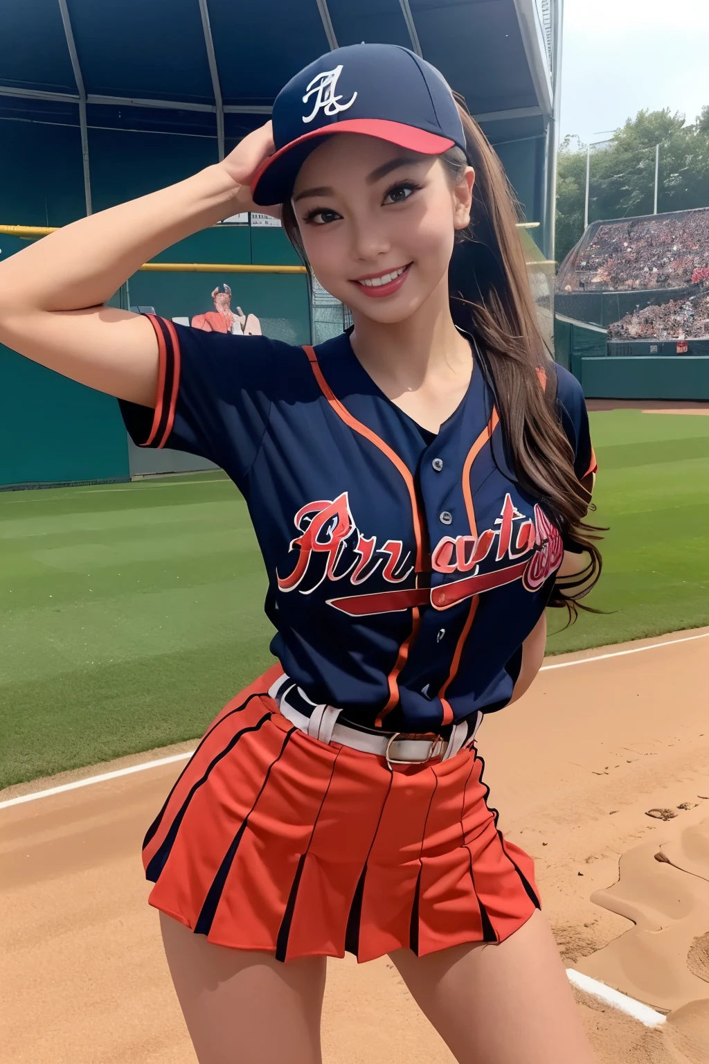 Stadium, ( Photorealistic:1.4, 8k), Best Quality, masterpiece,   ultra high resolution ,   perfect dynamic composition, (Light brown hair:1.3, Long Hair, bangs,  curly hair ,  ponytail),  high definition skin and face texture:1.3,  tan skin:1.3, for perfect proportions:1.3,((huge breasts:1.5,erect nipples))Shiny legs, Limb details,   Cute Sexy 22 Year Old girls baseball player with baseball mittens , (Atlanta Braves uniforms and baseball caps ,sexy dark navy colors and red baseball uniform,see through:1.1,pleated mini skirt,high leg under shorts,)(Gal Makeup,  eyeliner , mascara,  pink lip gloss, Distant look, Beautiful erotic eyes:0.85),  Sexy Faces:0.4, ( closed mouth, Small Mouth,  Thick lips,  beautiful taste of eroticism:0.85), (So cute beauty:0.9), Stadium, Many spectators, Many spectators, Green , wind, Cinema lighting from the front,  ((standing and posing proudly on the ground,open legs)), smile:0.7,