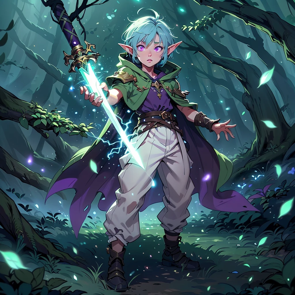 Boy, forest gnome, young, short stature, skinny, small, short blue hair, elf ears, purple glowing eyes, organic armor, dark purple cloak with hood, white harem pants, sword, fantasy, fighting pose, full body, surounded by magic trails electricity, 
Fireflies, dark forest, wispy light streaks in the air, glowing sword