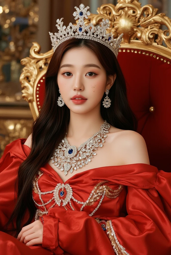 1 girl,beautiful korean girl,long wavy hair , wearing red queen uniform,diamond embellishment on uniform, studio lighting, , dslr, soft lighting, high quality, light reflections,natural makeup, pale skin, detailed skin, beauty spots, skin fuzz,(full body: 1.3),legs,luxury room, palace,front view,sitting on throne,bare shoulder,queen crown,big blue diamond necklace,diamond accessories,