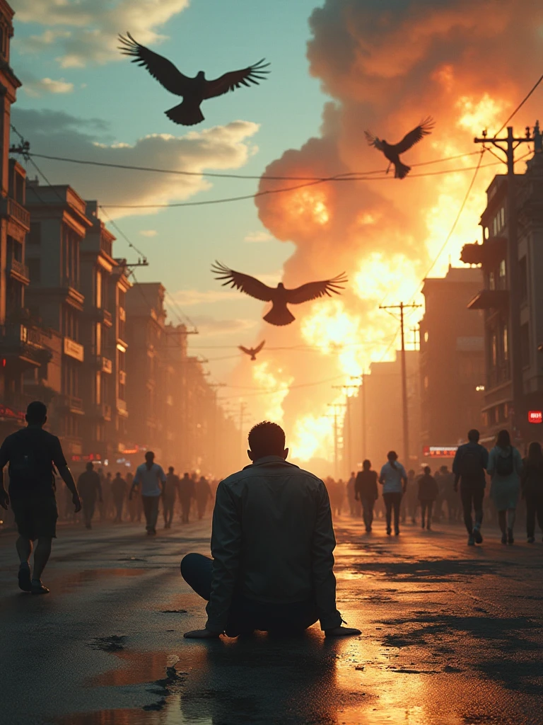 A person kneeling on the street crying and in the background a city being destroyed by several birds, with civilians running scared and explosions happening 