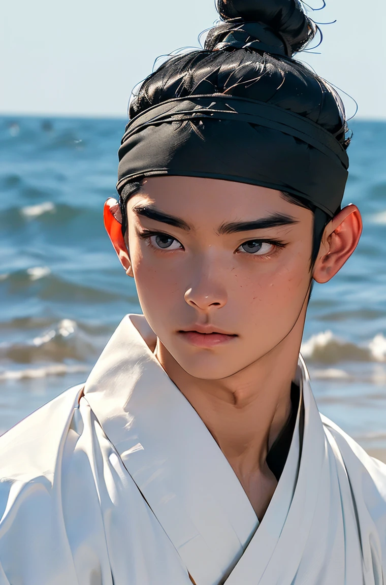 (absurdres, highres, masterpiece, best quality, ultra-realistic,ultra-detailed,(beautiful detailed face and eyes and hair:1.1),1 male, handsome,asian man,muscular,black hair,black eyes,datailed face,topknot,see-through headband,white hanbok,little sad,upper body, day of sea