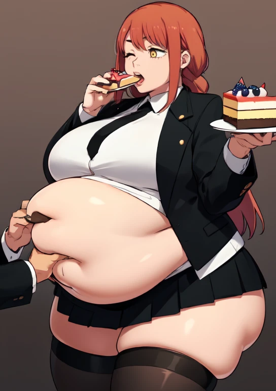 (masterpiece, best quality), 1girls, big belly, blurry background, huge belly, art by kipteitei, round belly, chubby, curvy, long hair, red hair, black mini skirt, thighhighs, simple_background, gradient_background, belly bursting out of black ,(((black suit jacket))), long sleeves, wearing a black tie, enormous belly, fat belly, thicc, bigger belly, really big belly, jiggly belly, giant huge belly, big enormous belly, ((((gigantic belly)))), bloated belly, fat belly, ginormous big belly, expanding big belly, sfw, safe for work, kneeling on bed, sfw (safe for work), makima, (((a person out of frame is feeding her cake, cake is being shoveled into her mouth, her lips are closed around a slice of cake, a platter of cake, she has her mouth open wide f))), sweating, blushing, (mouth open wide, she is saying aaah), ((her belly is being grabbed and played with by floating hands))