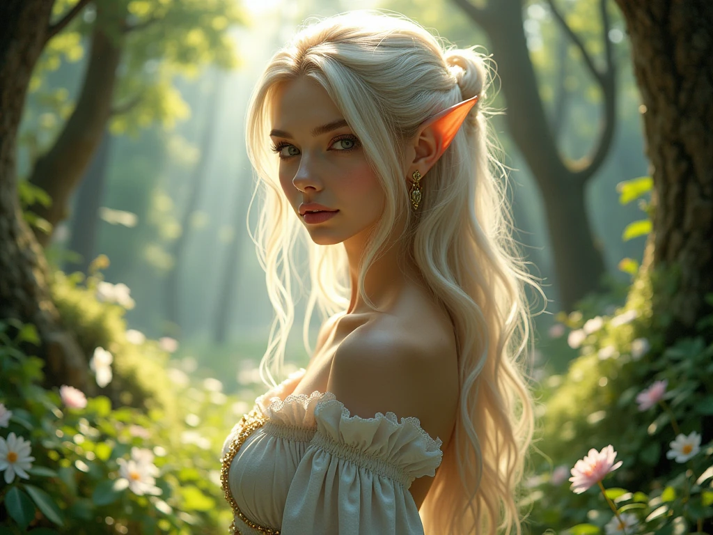 1girl,gal,fisheye,masterpiece,best quality,ultra detailed,8k portrait,highly detailed,super detailed skin,highly detailed background,A beautiful and enchanting forest filled with ethereal light filtering through the trees, featuring a stunning elven woman with delicate features, flowing hair, and elegant attire, surrounded by vibrant flora and soft, magical ambiance