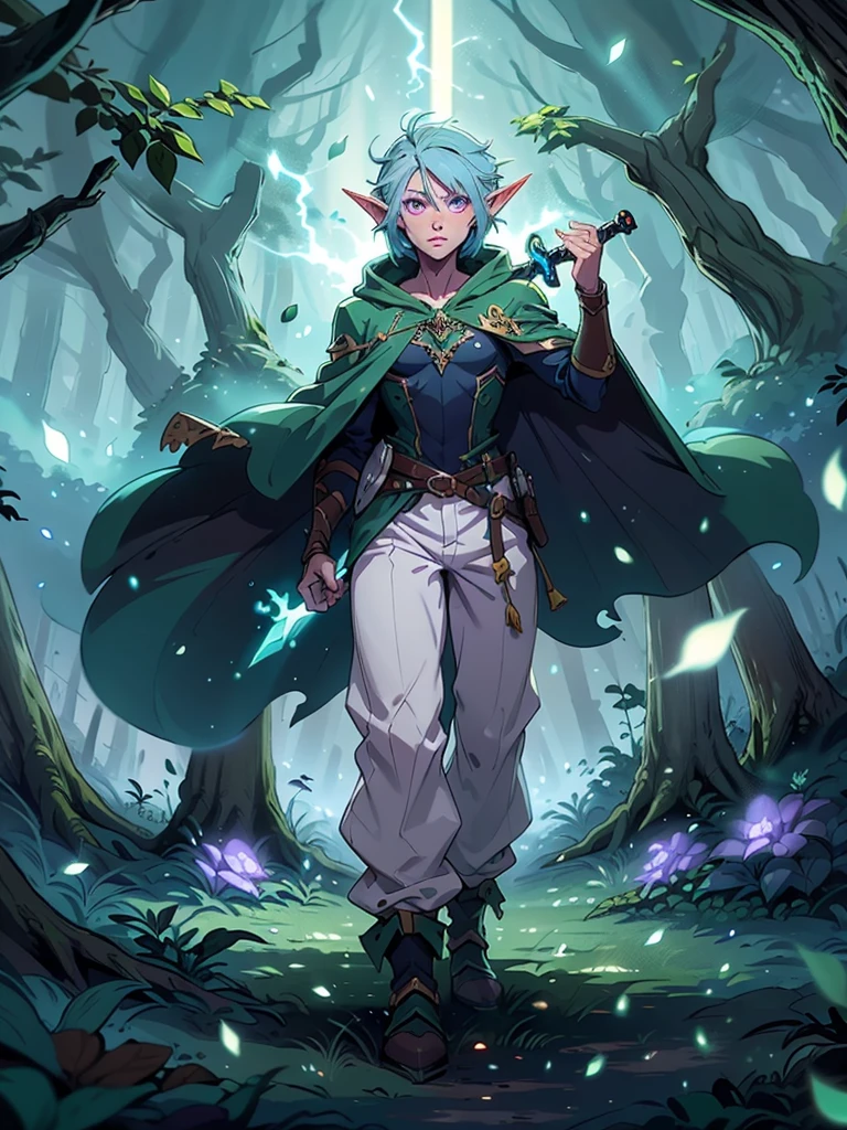 Boy, male, forest gnome, young, short stature, skinny, small, short blue hair, elf ears, purple glowing eyes, organic armor, dark purple cloak with hood, white harem pants, sword, fantasy, fighting pose, full body, surounded by magic trails electricity, 
Fireflies, dark forest, wispy light streaks in the air, glowing sword