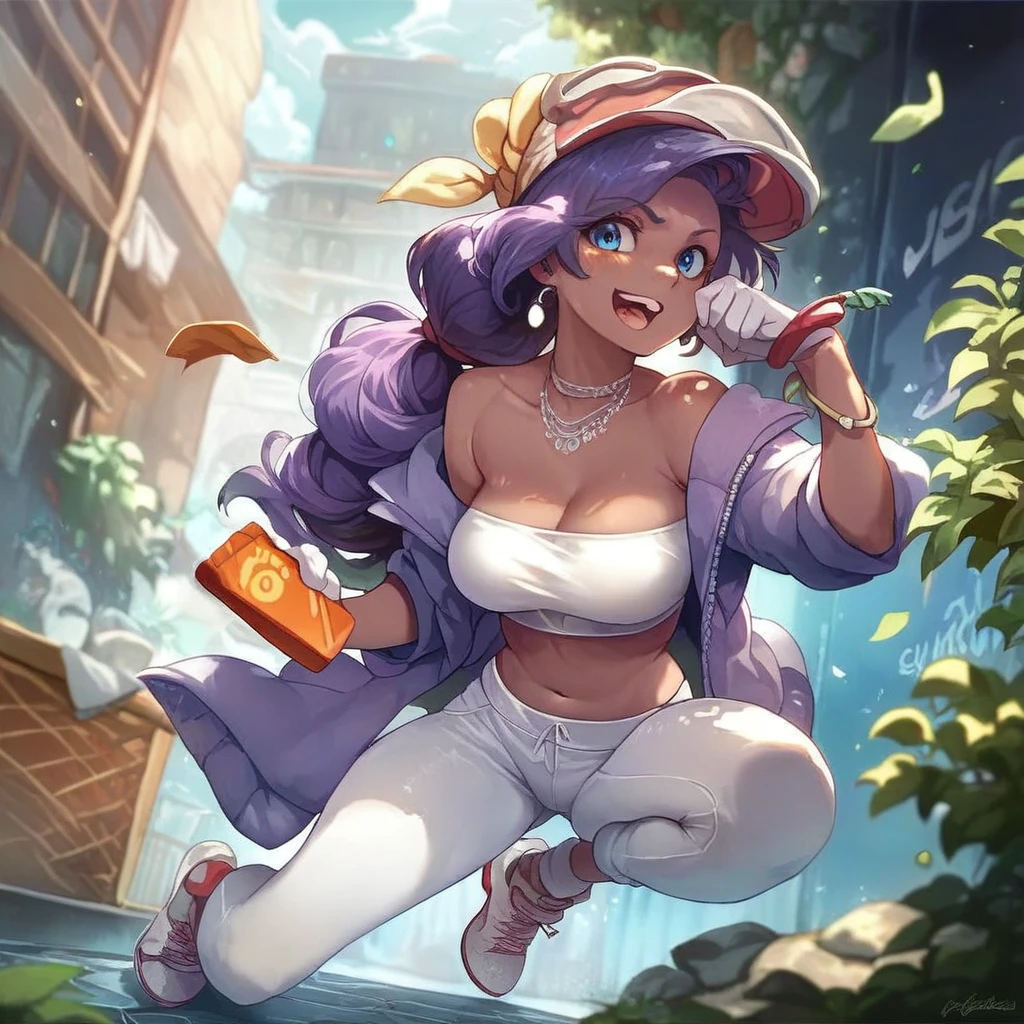 ((score_9, score_8, score_7)), (highly detailed), detailed background, 1girl, Waveswallowxl, mobian, purple skin, beak, long hair, blue eyes, bandana, eyewear on head, jewelry, white gloves, tube top, white pants, sneakers