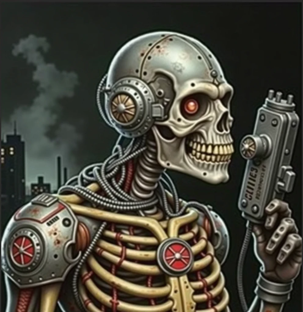<lora:Character T800Terminator T800Endoskeleton, robot with a metal skull face, chrome metal body, holding a gun v10:0.8>
T800Endoskeleton robot with red eyes and metal skull face and chrome metal body, eyes looking towards camera, dark background, close-up, upper body
<lora:Concept SovietMatchboxCover soviet_matchbox_art, stamp, halftone v10:1> soviet_matchbox_art, stamp, halftone