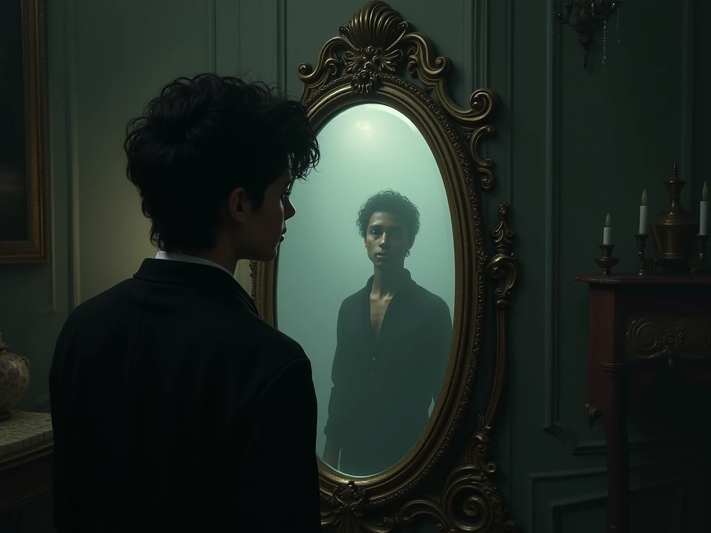 A dark-haired man looking in the mirror, but the image he sees in the mirror is that of another blond man