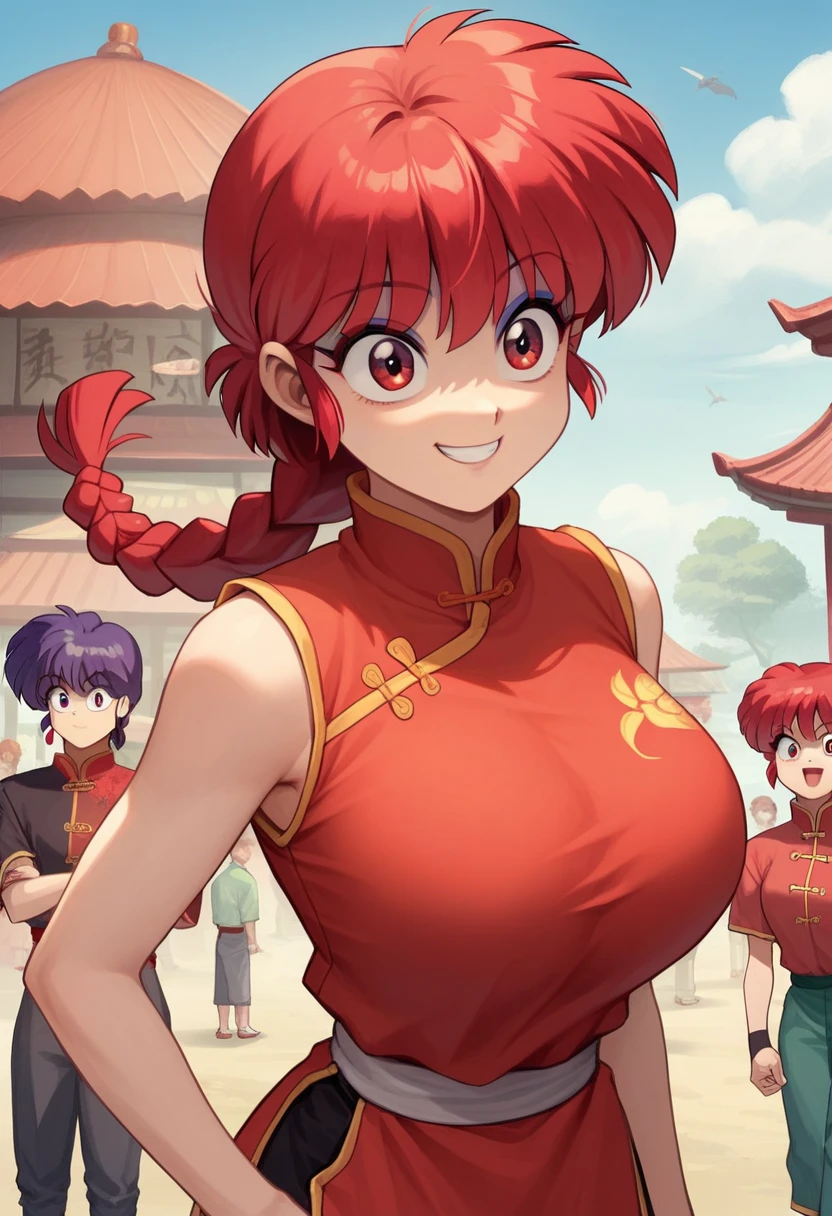 masterpiece, Best Quality, perfect anatomy ,  is so pretty , Absurd　 1 girl\(Ranma, the main character of أنيمي\(Ranma1/2\),  braided ed Red Hair, red eyes, Red Chinese clothing, smile, Ranma Saotome,  braided , Red Hair, single  braided ,  braided ed ponytail, red eyes,pants, Chinese clothes, Bra,, Purple Eyeshadow), huge breasts　 sexy　 erotic 　 is embarrassing　 is short　Skip the shirt button　elder(Eight Treasure Vegetables: character Ranma 1/2)　crowd　Boys Can See Their Breasts 