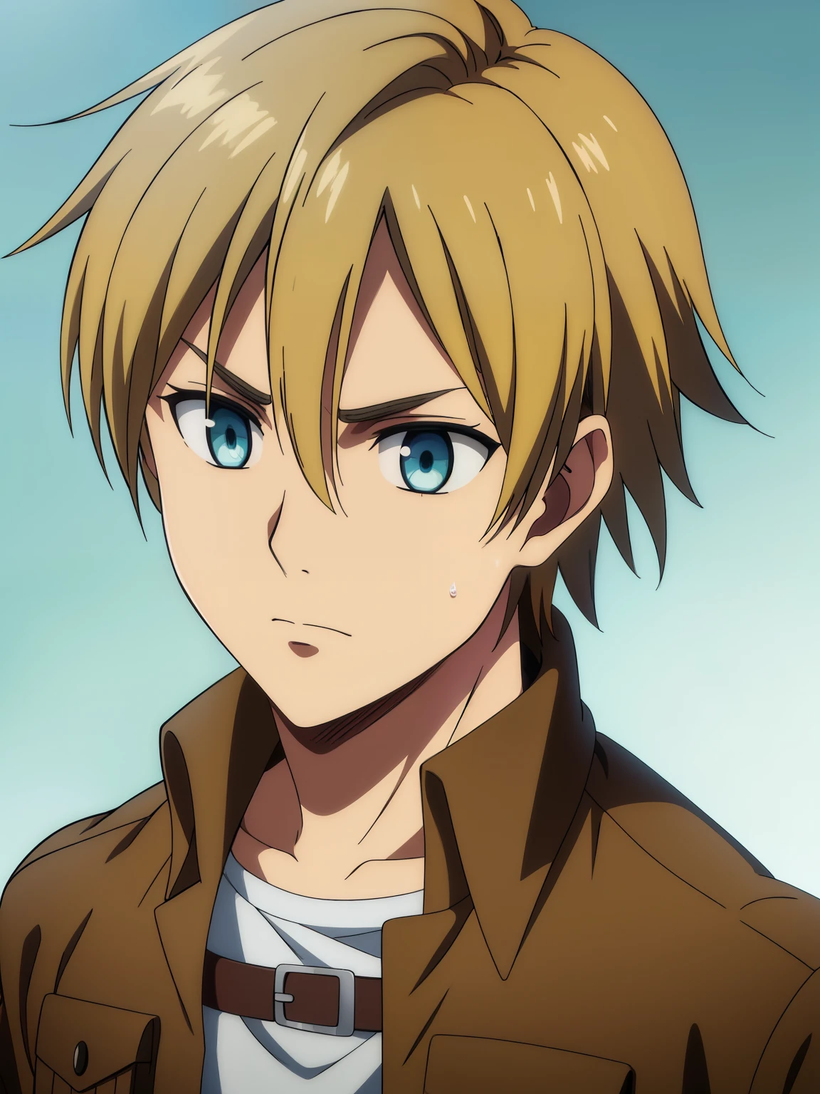 (high-quality, breathtaking),(expressive eyes, perfect face) 1boy, male, solo, portrait, narrow eyes, kind face, neutral expression, soft smile, aot style, portrait, stylized hairstyle, Symmetrical Eyes, blonde hair, green blue eyes, teenager, grey background, brown jacket, redshirt, belt, black pants, attack on titan clothing, mappastyles4, three-dimensional maneuver gear, fluffy hair, tanned skin, spiked hair, rito_yuuki, half closed eyes,