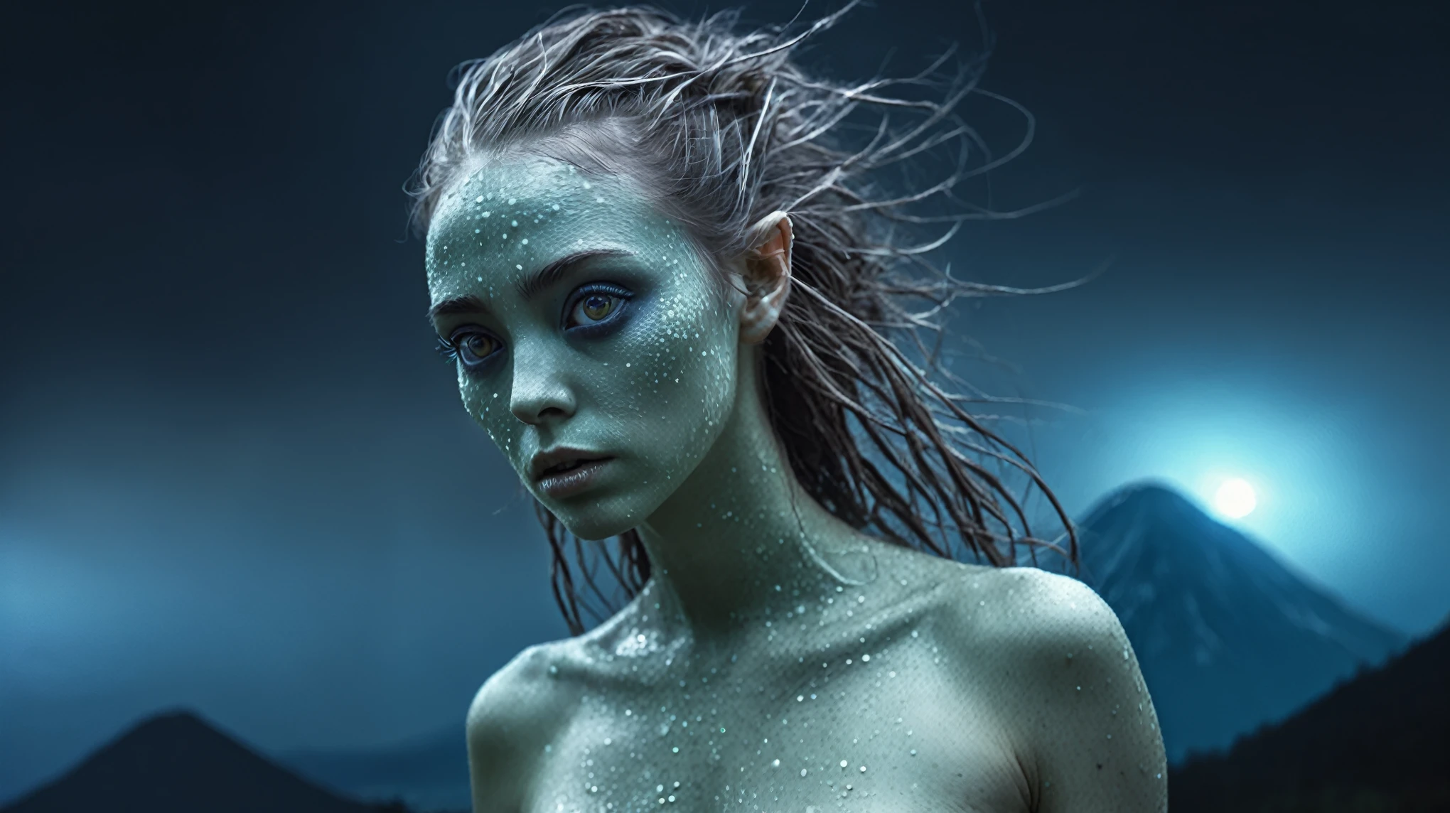 (embedding: cute) outside in a cave Sitting on the rocks posing with glowing, wet and sticky scales, ((long hair)|(claws)), a cute face with frightened ((big eyes)|(blue eyes)) and cute lips, cold wet rocks, underground water