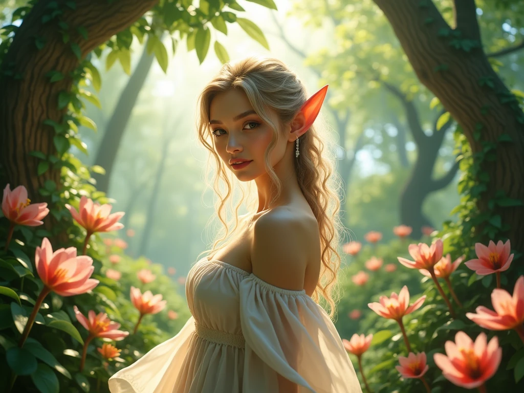 1girl,gal,fisheye,wide shot,masterpiece,best quality,ultra detailed,8k portrait,highly detailed,super detailed skin,highly detailed background,A beautiful and enchanting forest filled with ethereal light filtering through the trees, featuring a stunning elven woman with delicate features, flowing hair, and elegant attire, surrounded by vibrant flora and soft, magical ambiance