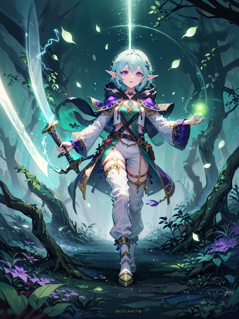 Boy, male, forest gnome, young, short stature, skinny, small, short blue hair, elf ears, purple glowing eyes, organic armor, dark purple cloak with hood, white harem pants, sword, fantasy, fighting pose, full body, surounded by magic trails electricity, 
Fireflies, dark forest, wispy light streaks in the air, glowing sword