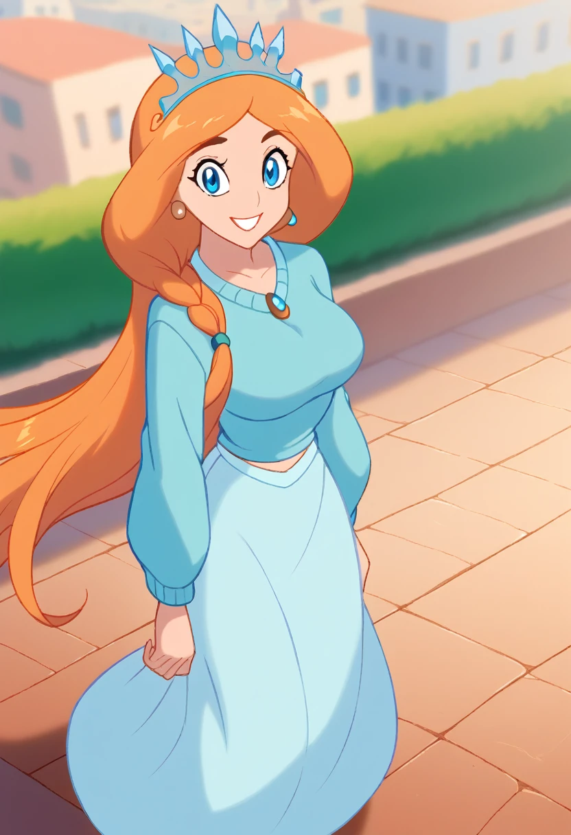 anime style, high view, Jasmine, mature female, blue eyes, big chest, blue cyan sweater long Sleeve, hair ornament, long hair, orange hair, tiara, braid, hair braid, smile, hand back body, city, Volumetric light, Volumetric particles,