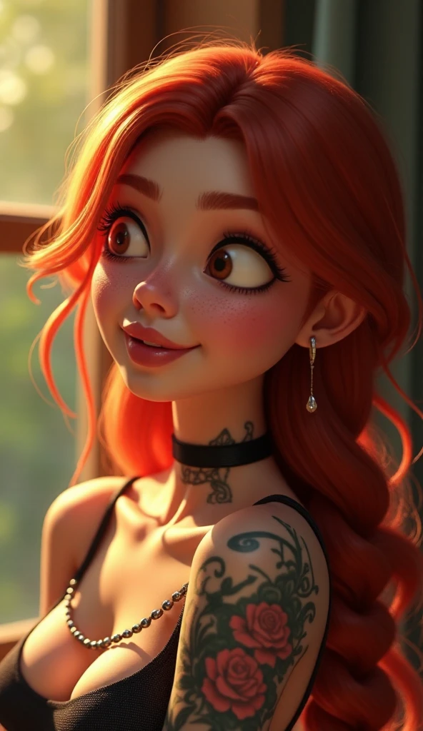 sfw,  of the highest quality ,woman,27 years old, backlighting ,Black necklace, blurry background,Blush,Closed mouth,clavicle,toys, detailed,freckles, hair over the shoulder ,joy, long hair, looking down ,Pointy nose, shiny lips,shadow,Alone, thick eyebrows ,thick eyelashes, upper body , expressive eyes, medium eyes,  Detailed eyes, red hair ,braids,tattoos,tattoos on arms,black rose tattoos on neck,sunbeams,Warm Light,,((masterpiece)), realistic,  Disney Pixar style , 3d, 3d rendering