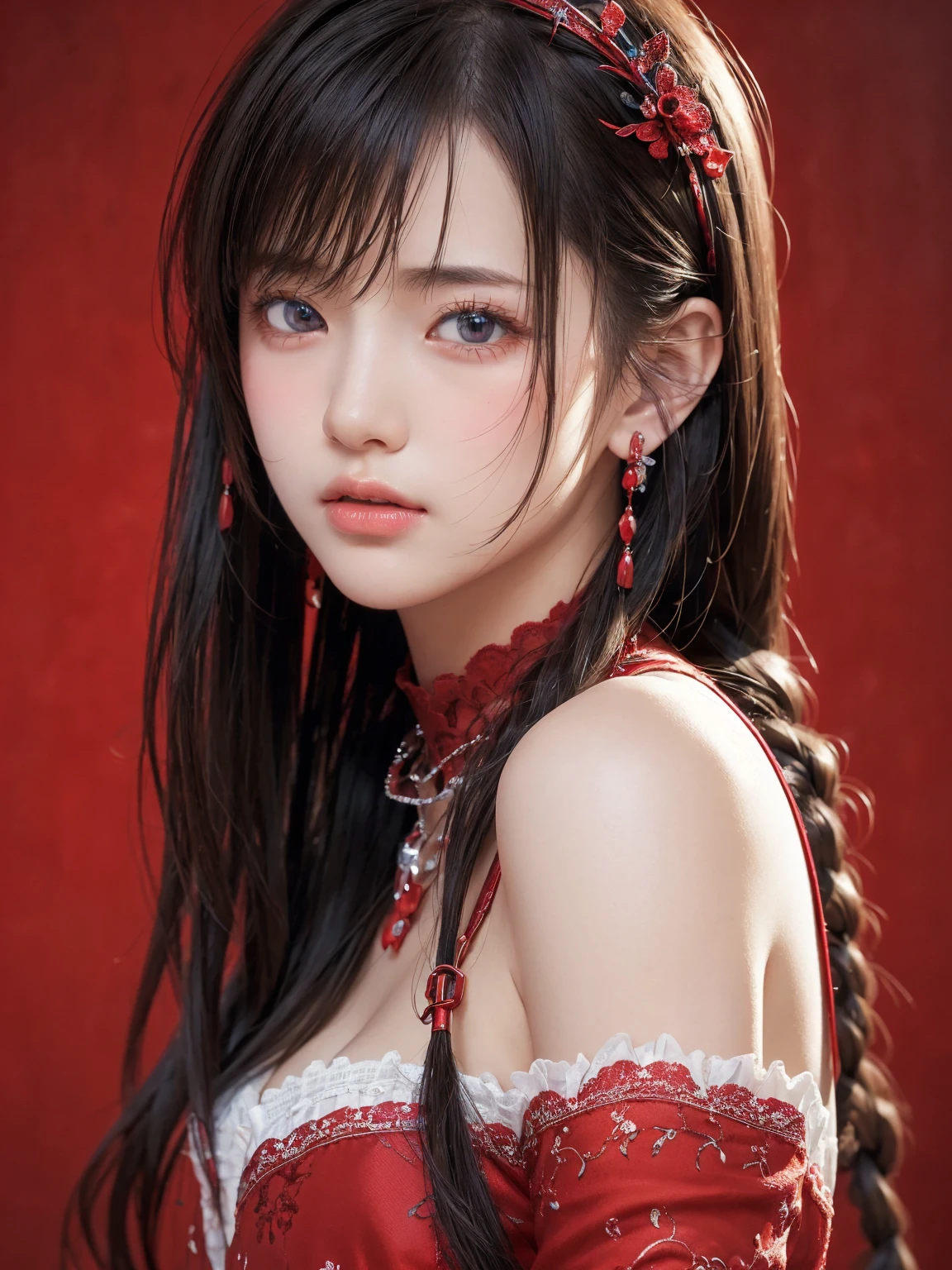 ((Best Quality)),(  super high resolution ),( very detailed),( detailed explanation),(( best CG )),(a masterpiece), super detailed art、See-Through 2.0、Outside the shoulder、 clevis、 red background 、