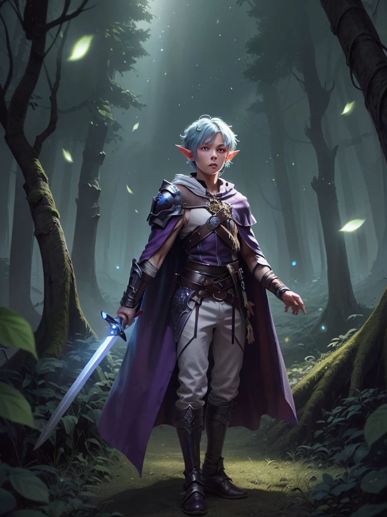 Boy, male, forest gnome, young, short stature, skinny, small, short blue hair, elf ears, purple glowing eyes, organic armor, dark purple cloak with hood, white harem pants, sword, fantasy, fighting pose, full body, surounded by magic trails electricity, 
Fireflies, dark forest, wispy light streaks in the air, glowing sword