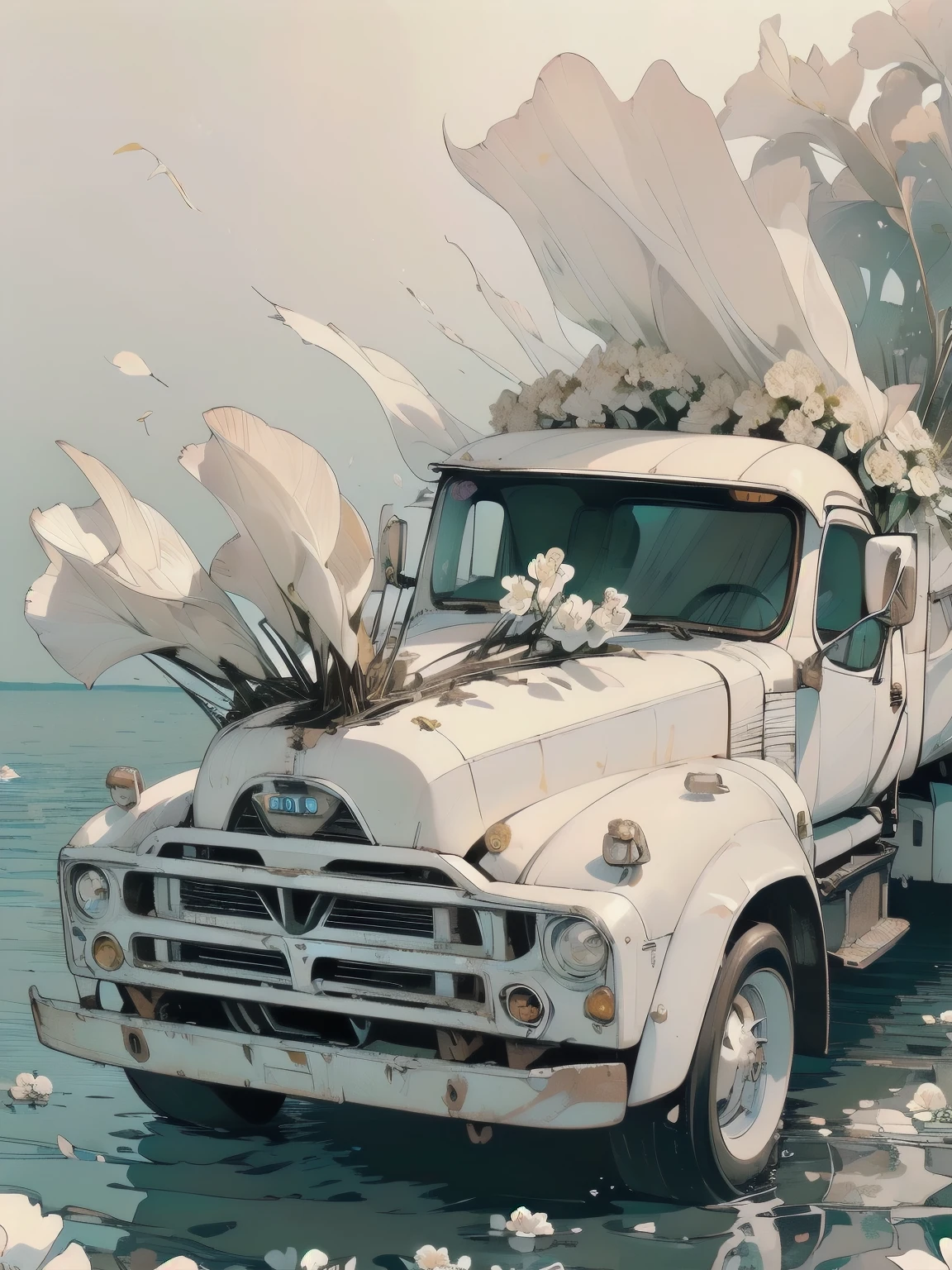 (((Masterpiece, top quality))), (((32K wallpaper))), ultra high resolution, gorgeous light leak, (((backlit))), highly detailed background, top quality, (((no humans))), highly transparent river, (((extremely detailed rusty heavy truck with many white flowers)),  (((( very dull color )))), (((( white flowers in the water))), (((White petals fly)))