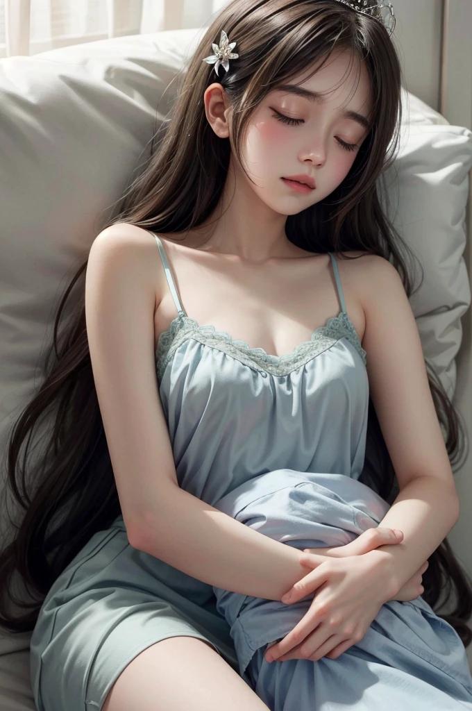 Sleeping girl, 19 years old, realistic, she is wearing a small dress, she is wearing a transparent dress, [nfsw,], brown hair, fair skin, (transparent)