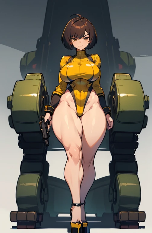Young girl, Pullover, yellow bodysuit, fullsuit , whole body to see, smile showing teeth, pigtails hair , (( very wide hips)), (((colossal Thighs, gigantic thighs, very huge thighs, very big thighs))), fullbody, platform heels, tanned , brown skin, big breast, gun, soldier girl , standing, front pose, black hair , Cyberpunk